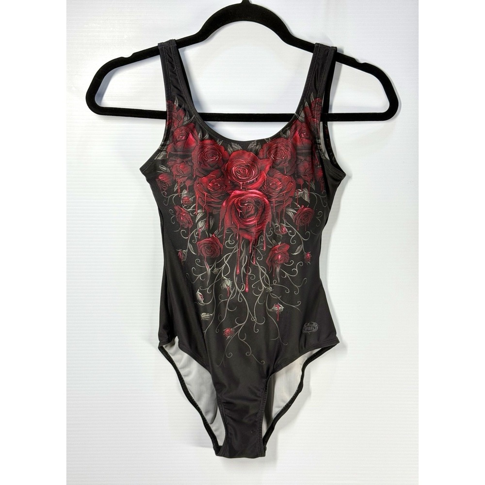 Spiral Gothic One Piece Swimsuit Size Small Black Red Rose Dark Academia Pin Up